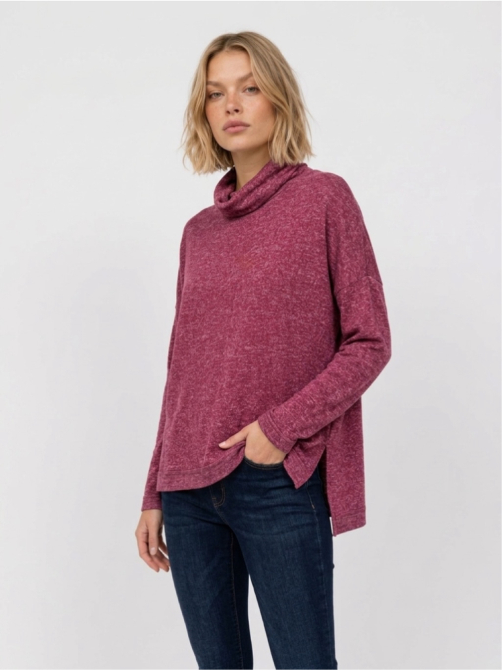 BKE Burgundy Heathered Cowl Neck Back Zip Hi Low Tunic Top Small